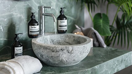 an elegant bathroom setting with green marble