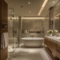 Luxurious modern bathroom with freestanding tub and elegant decor