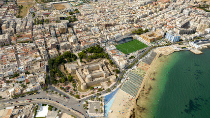 Aerial view of the castle and the stadium of Manfredonia, in Puglia, Italy. It is a town on the...