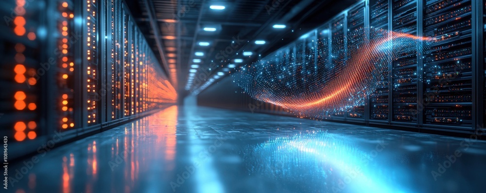 Poster illuminated data center with glowing digital interface