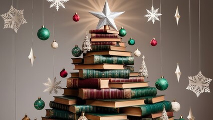 Christmas tree made of books with ornaments and a star on top, symbolizing festive education and holiday reading. Perfect for book lovers.