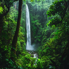 Majestic waterfall cascading through dense tropical forest landscape