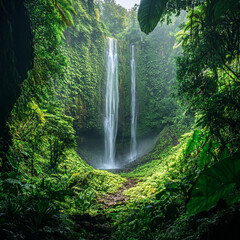 Majestic waterfall cascading through dense tropical forest landscape