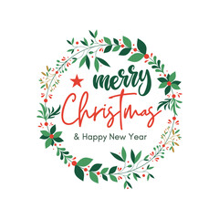 Festive Wreath with Merry Christmas and Happy New Year Greeting.
