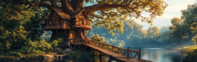 Massive abandoned treehouse with weathered wood textures and mystical appeal