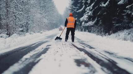 Worker Clearing Snow from Road with Shovel in Winter. Urban Maintenance and Safety