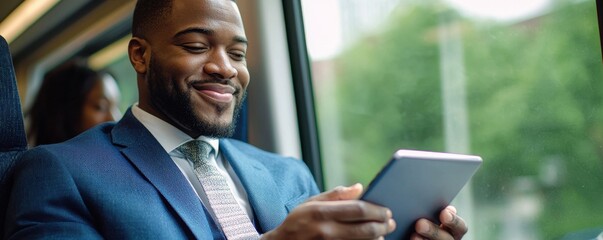 Smiling man in blue suit using tablet on train journey