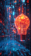 Obraz premium glowing light bulb illuminates digital landscape filled with vibrant data streams and abstract patterns, creating futuristic atmosphere