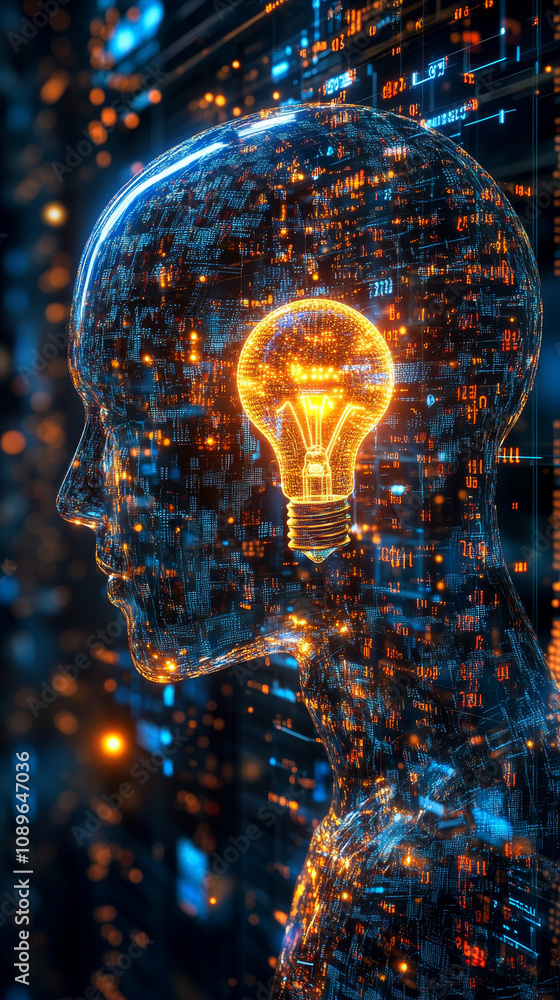 Poster abstract representation of ai concept featuring glowing light bulb in digital head, symbolizing inno