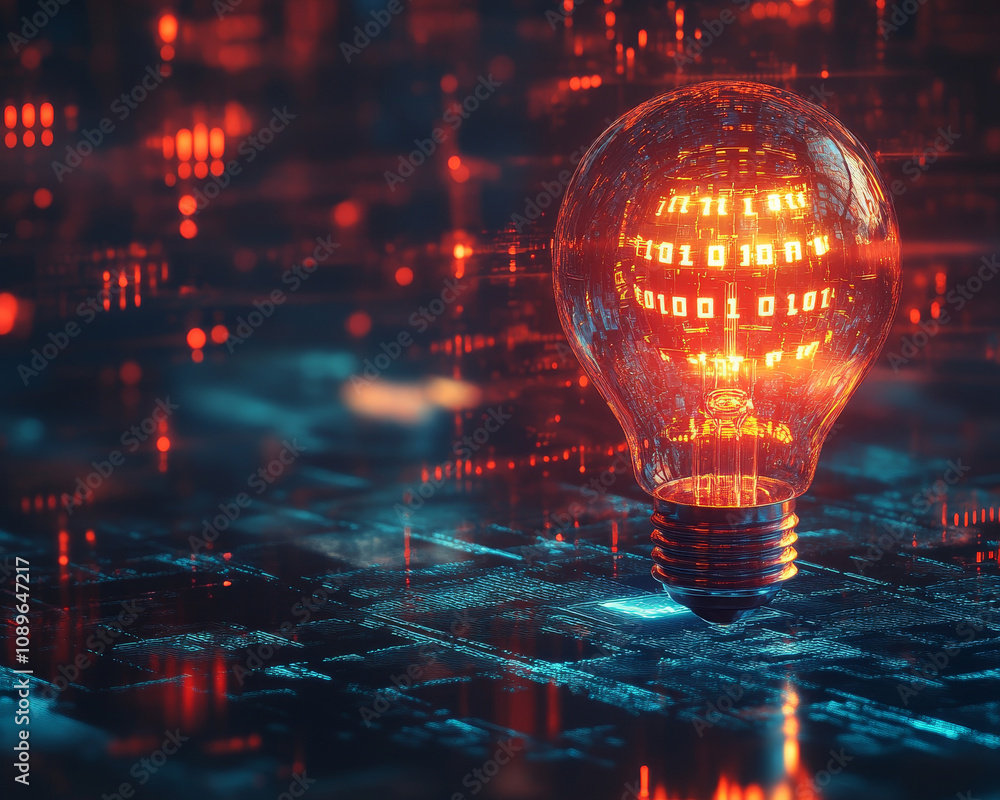 Poster glowing light bulb filled with binary code represents fusion of technology and creativity. this abst