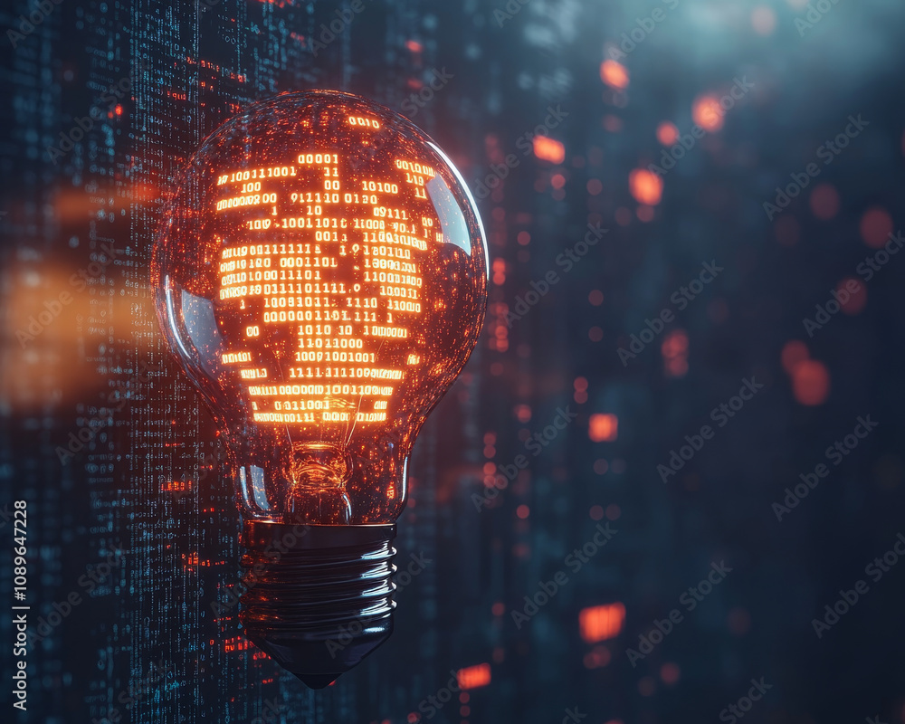 Poster glowing light bulb filled with binary code represents fusion of technology and creativity. this abst