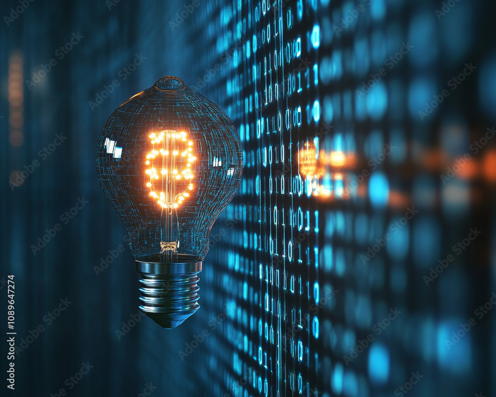 Poster glowing light bulb with digital binary background, symbolizing innovation and technology. intricate 