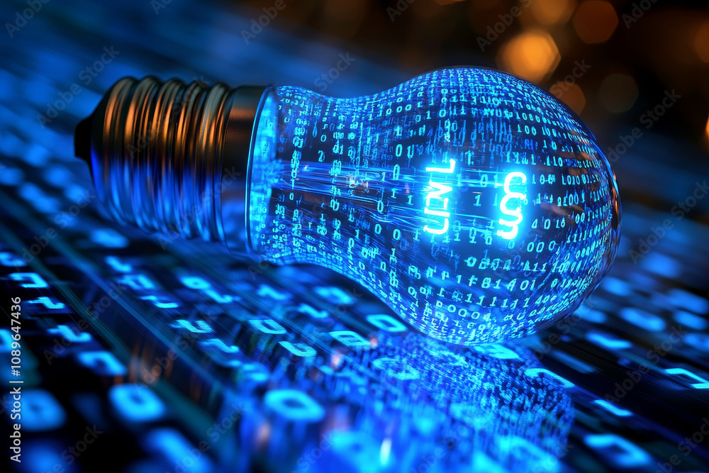Poster luminous blue light bulb surrounded by binary code, symbolizing technology and innovation. glowing e