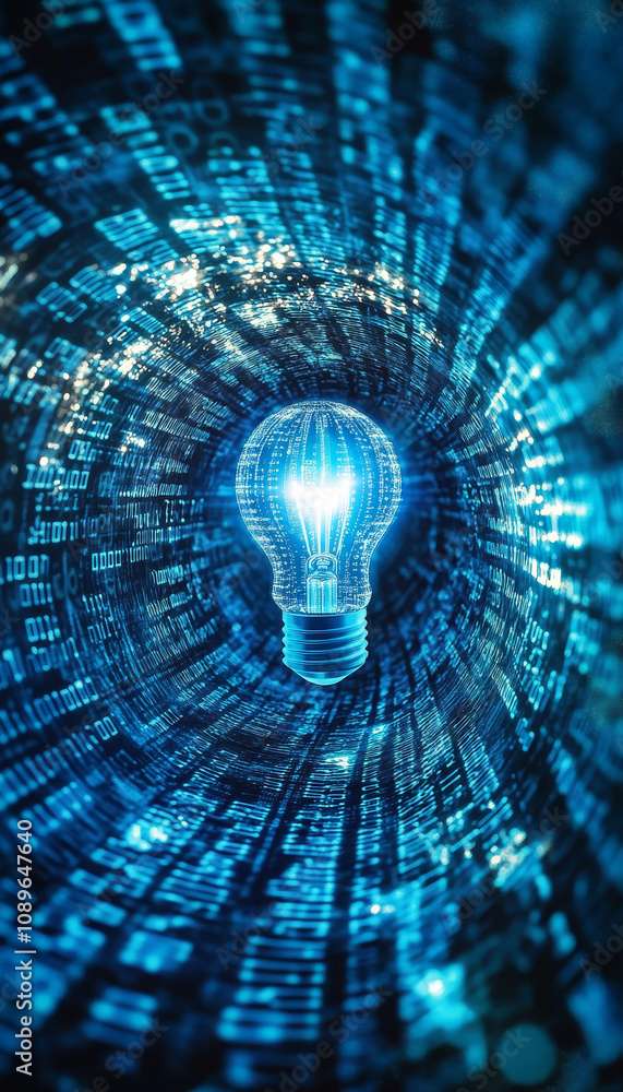 Poster digital background featuring glowing light bulb surrounded by binary code, symbolizing innovation an