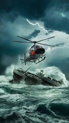 Obraz premium Waves Ocean Storm Maritime Emergency Rescue Helicopter Hovering Above Shipwreck Rough Seas Stormy Sky 