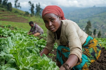 Farmers tending to crops on a vibrant green field.