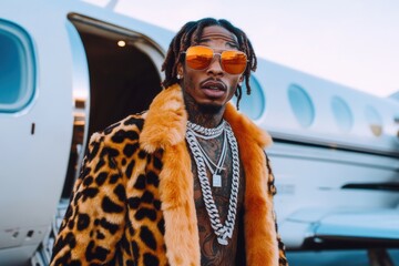 Naklejka premium A fashionable man wearing a leopard-print coat leaving his private plane.