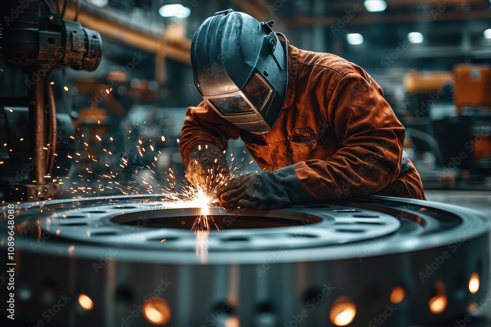 Poster industrial welder working with sparks in a workshop setting