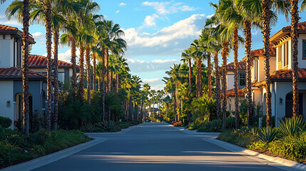 Fototapeta premium A scenic residential street lined with palm trees, showcasing modern homes under a bright blue sky with fluffy clouds.