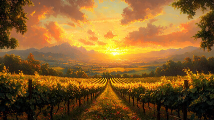 Naklejka premium A picturesque vineyard at sunset, with rows of grapevines leading to distant mountains under a colorful sky filled with clouds.
