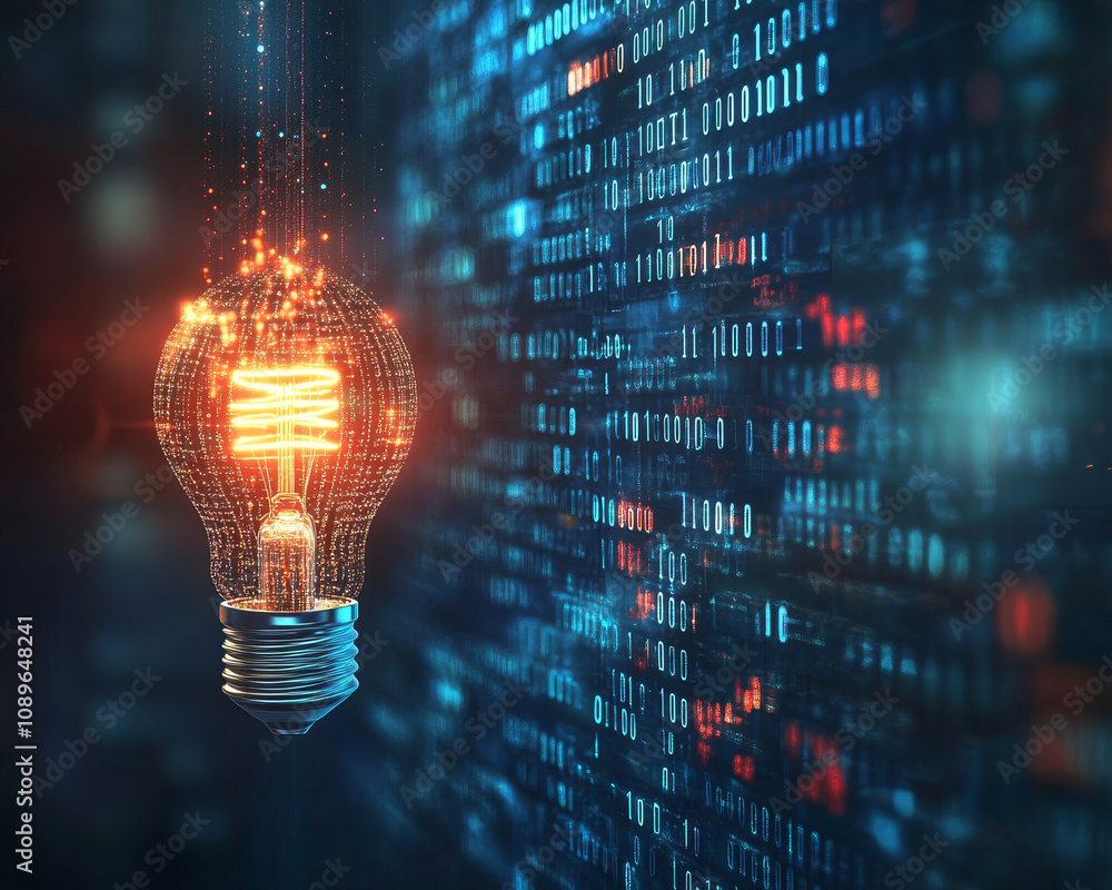 Poster ethereal digital background featuring glowing light bulb amidst binary code, symbolizing innovation 