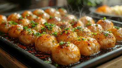 Succulent grilled meatballs garnished with herbs, sizzling on a hot plate, showcasing a delicious and inviting culinary presentation.