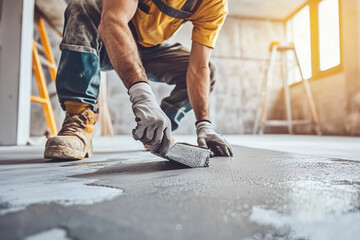 Construction Worker Applying Epoxy Resin to Concrete Floor During Renovation.