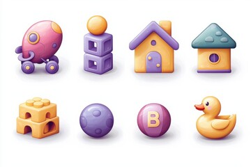 Colorful set of toy icons featuring buildings and animals