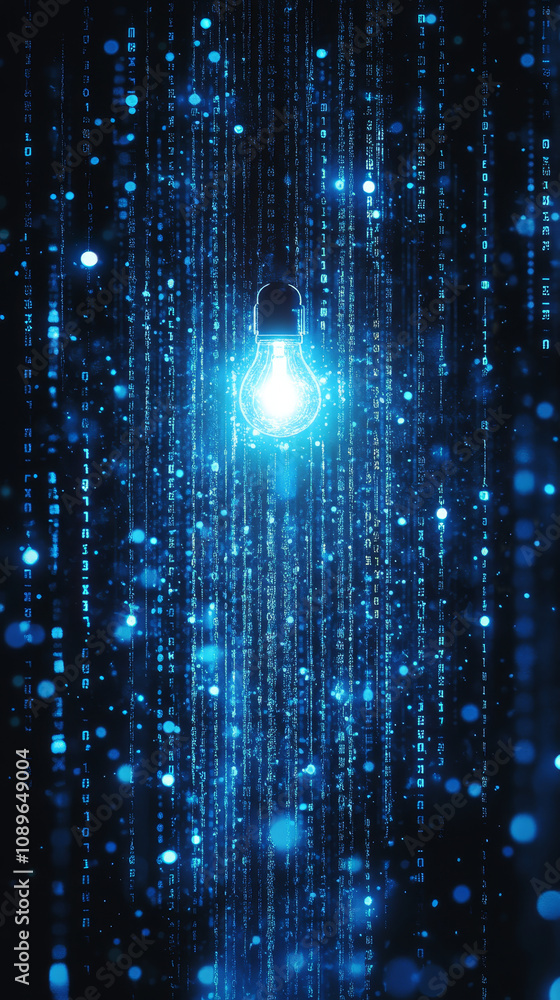 Poster vibrant blue hologram featuring bright light bulb amidst glowing binary code and digital particles c