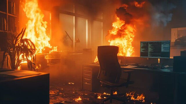 Destructive Office Fire A Scene of Chaos and Utter Ruin Amidst the Engulfing Flames and Thick Raging Smoke