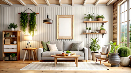 Mockup frame in farmhouse living room interior, 3d render, white Mock up