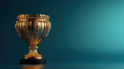 A shiny golden trophy with intricate designs against a blue backdrop.