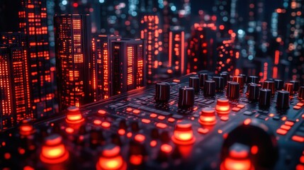 Futuristic city skyline on a music mixer.