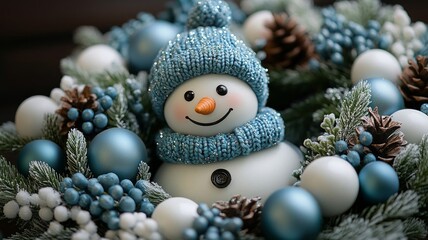 Obraz premium Cute snowman surrounded by winter decorations