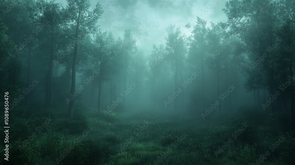 Poster mysterious foggy forest path enveloped in mist