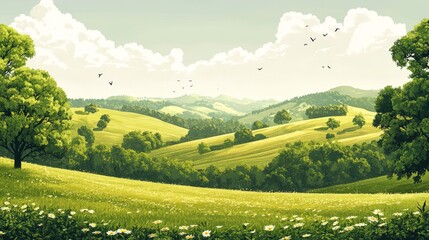 Obraz premium Rolling Green Hills Landscape With Daisies And Birds