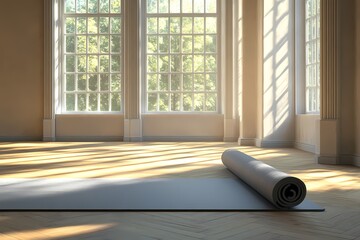 A gray yoga mat is placed on the floor of an empty room with large windows and sunlight shining through