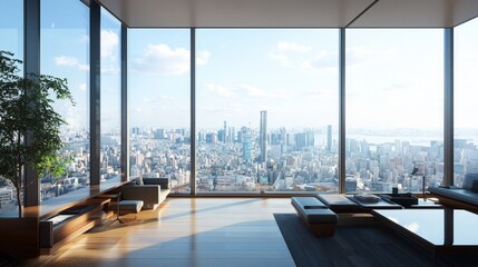 Modern living room with panoramic city view