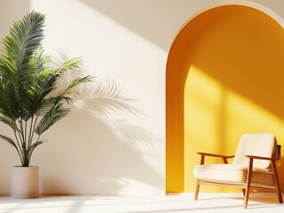 Modern minimalist interior with yellow accent wall