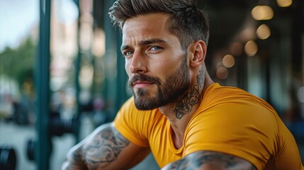 Obraz premium Man with tattoos and beard poses in a fitness center during late afternoon workout session