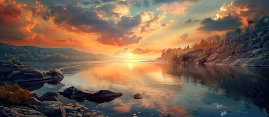 Scenic Sunset Over River Canyon with Dramatic Clouds