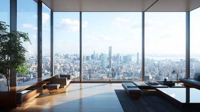 Fototapeta Modern living room with panoramic city view