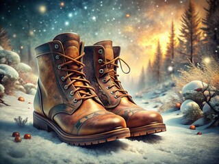 Surreal photography of vintage winter boots, reflecting retro style and old-fashioned charm.
