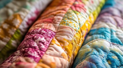 Fototapeta premium Close-up shows vibrant fabrics and detailed stitching of traditional quilt patterns