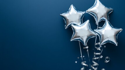 Obraz premium Silver and white star-shaped balloons, shiny ribbons and blank space for party details generative ai