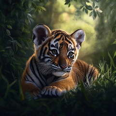 Fototapeta premium Young tiger exploring dense jungle habitat during daylight