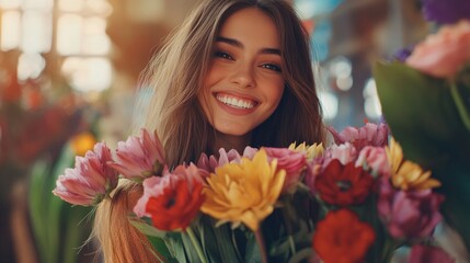 Fototapeta premium Elegant woman with long hair holding a vibrant bouquet of fresh flowers, generative ai