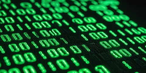 A pattern of binary code illuminated in a dark space, with 0s and 1s glowing in shades of green, symbolizing data and digital transformation.3