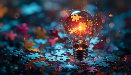 glowing light bulb filled with colorful puzzle pieces symbolizes creativity and problem solving. vibrant colors and sparkling effects create inspiring atmosphere