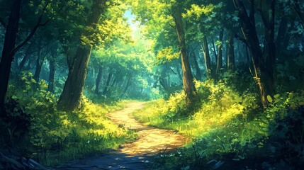 Obraz premium Sunlit Path Through Lush Green Forest Canopy